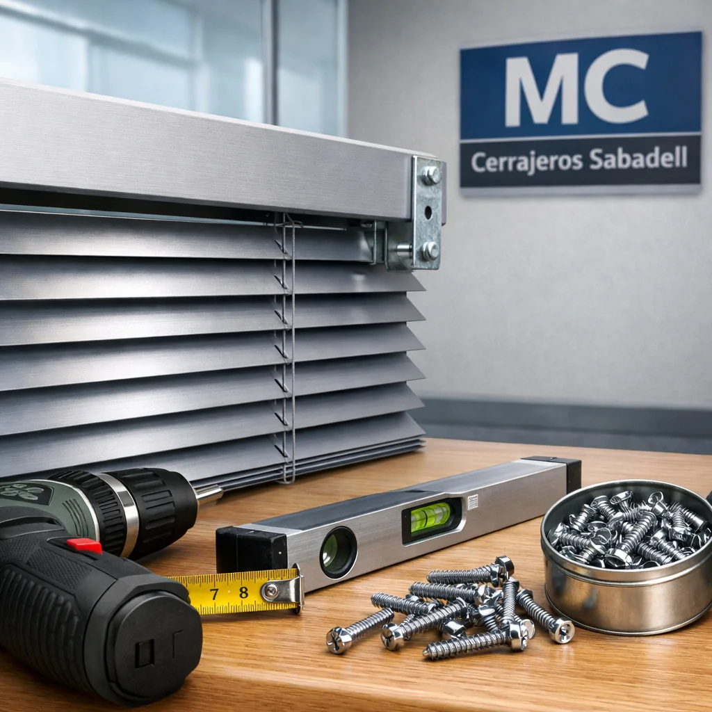 Instalación de persianas metálicas en comercios, mostrando herramientas y detalles de calidad en un ambiente profesional.