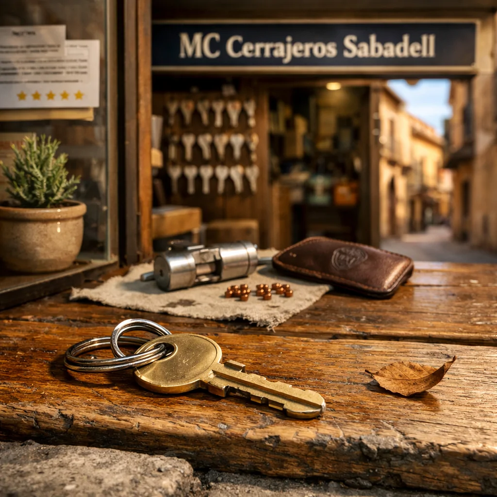 Tienda de cerrajería en Sabadell con llave de bronce, banco de trabajo y ambiente acogedor. Cuales son los cerrajeros mas recomendados en Sabadell.