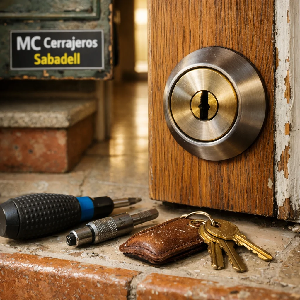Cerradura nueva en una puerta de roble en Sabadell; herramientas y detalles del entorno resaltan servicios de cerrajería especializados.