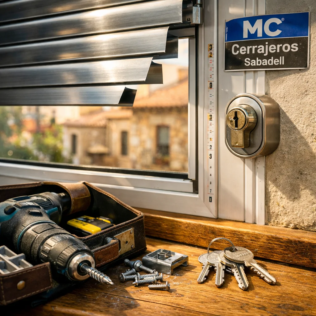 Cerca de una persiana metálica en una ventana de Sabadell, herramientas y luz cálida crean un ambiente de trabajo eficiente. Cual es la mejor empresa de cerrajería para instalar persianas metalicas en Sabadell.