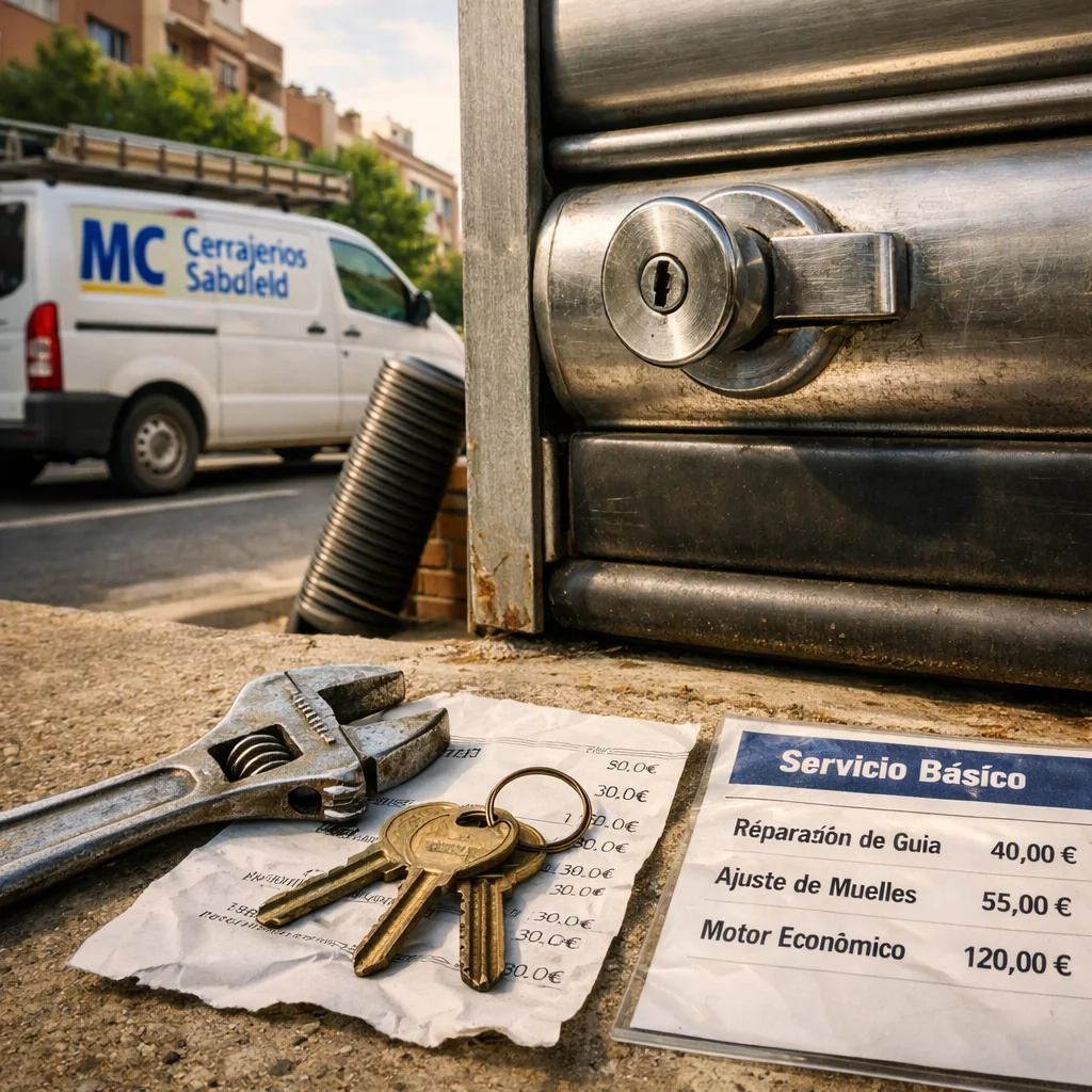 Escena de reparación de puertas de garaje en Sabadell, mostrando herramientas y un ambiente económico y acogedor. Que cerrajeros ofrecen las soluciones mas economicas para puertas de garaje en Sabadell.