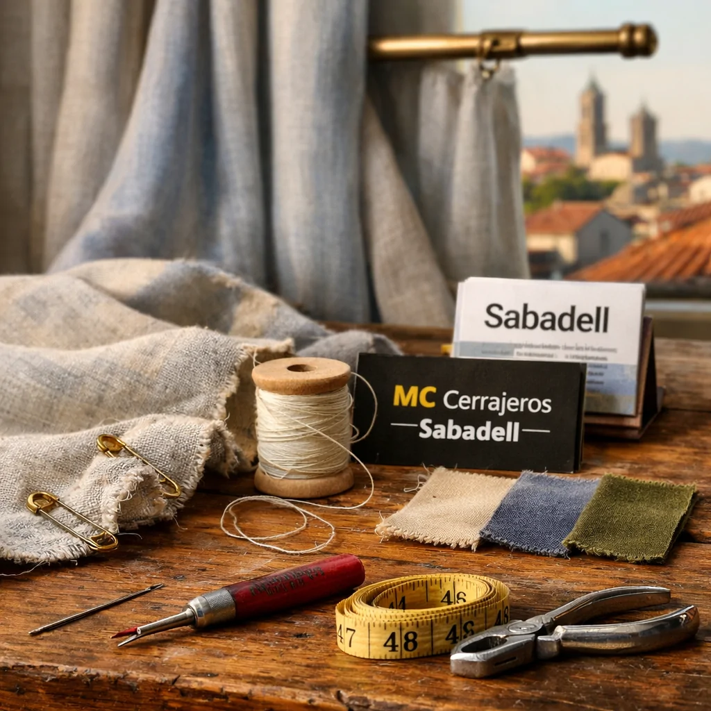 Estación de reparación en Sabadell: cortina en arreglo, herramientas de costura y vista de techos bajo luz cálida. Que reparadores de persianas en Sabadell son mas recomendados.