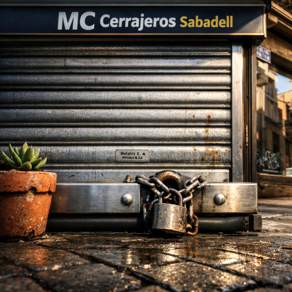 Fotografía de una tienda cerrada en Sabadell con persiana de acero, pavimento empedrado y ambiente tenso de protección. Cuales son los tipos de persianas mas efectivas para proteccion en comercios en Sabadell