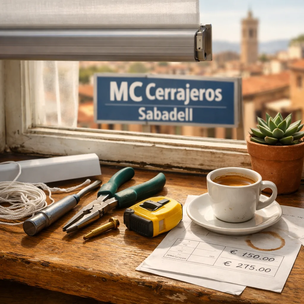 Escena de reparación de persianas en un alféizar con herramientas, planta y vista borrosa de Sabadell; precios competitivos.