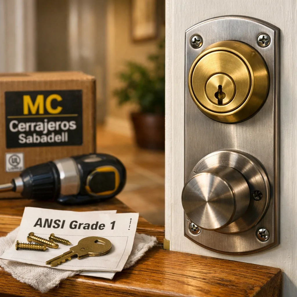 Cerca de una cerradura nueva en una puerta, herramientas y un manual sugieren cómo asegurarme de que el cambio de cerraduras en mi hogar sea efectivo.