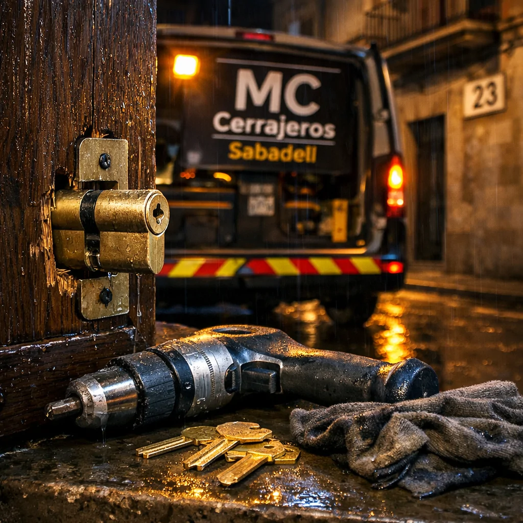 Escena de cambio de cerraduras urgente en Sabadell, con herramientas y cilindro en una puerta oscura bajo la lluvia.