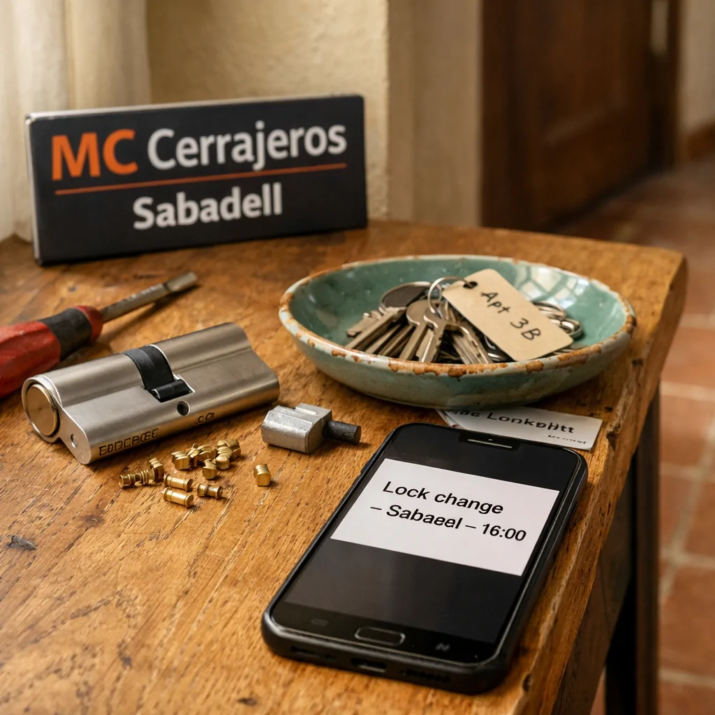Mesa de entrada en Sabadell con herramientas y un teléfono que muestra "Como puedo programar una cita para el cambio de cerraduras en Sabadell".
