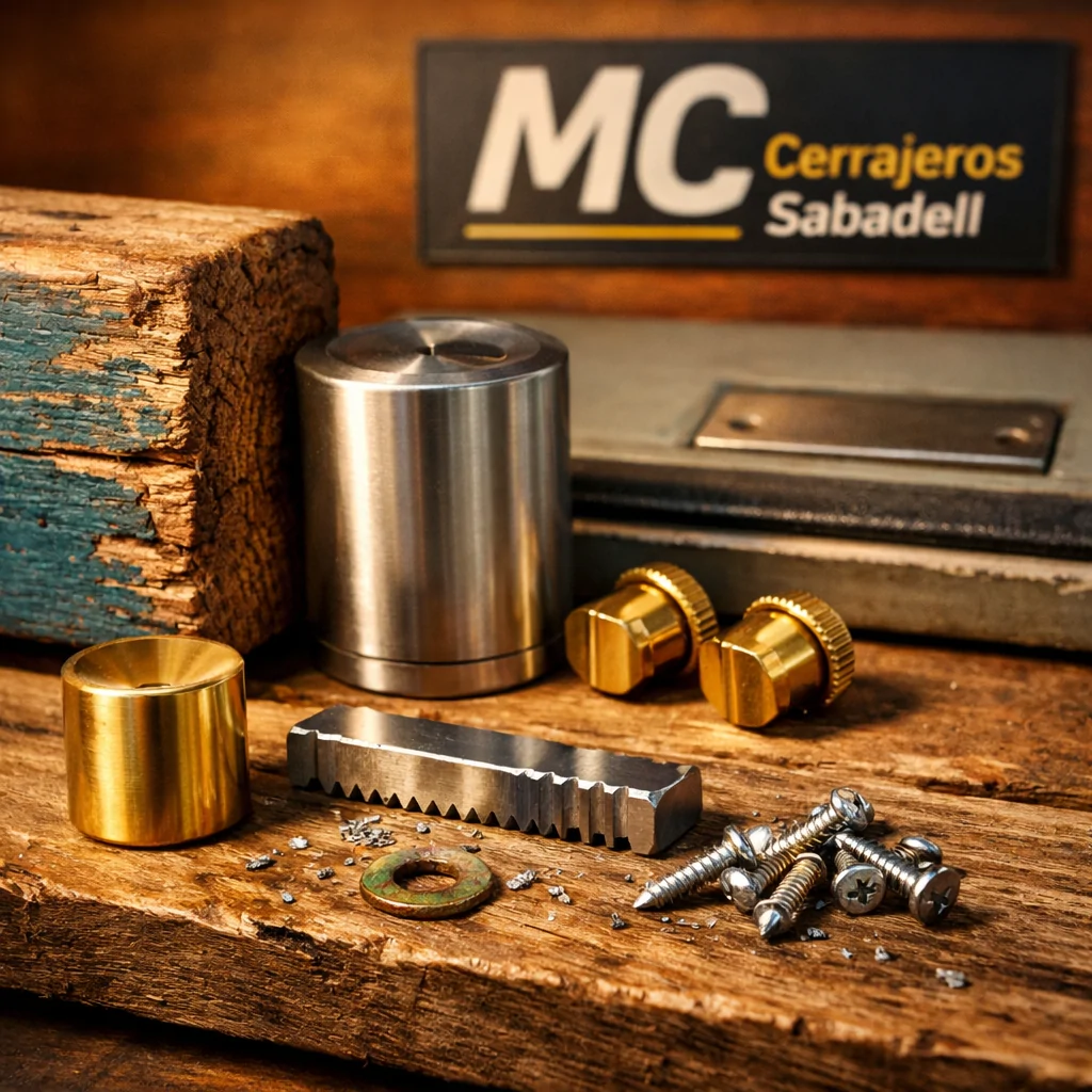 Cerca de una puerta desgastada en Sabadell, se observan componentes de cerradura y factores a considerar al cambiar una cerradura.